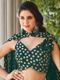 Stunning Green Foil Work Georgette Skirt Crop Top With Jacket - Zeel Clothing