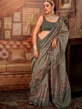 Stunning Green Hand Work Tussar Silk Mehendi Wear Saree With Blouse