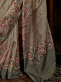 Stunning Green Hand Work Tussar Silk Mehendi Wear Saree With Blouse