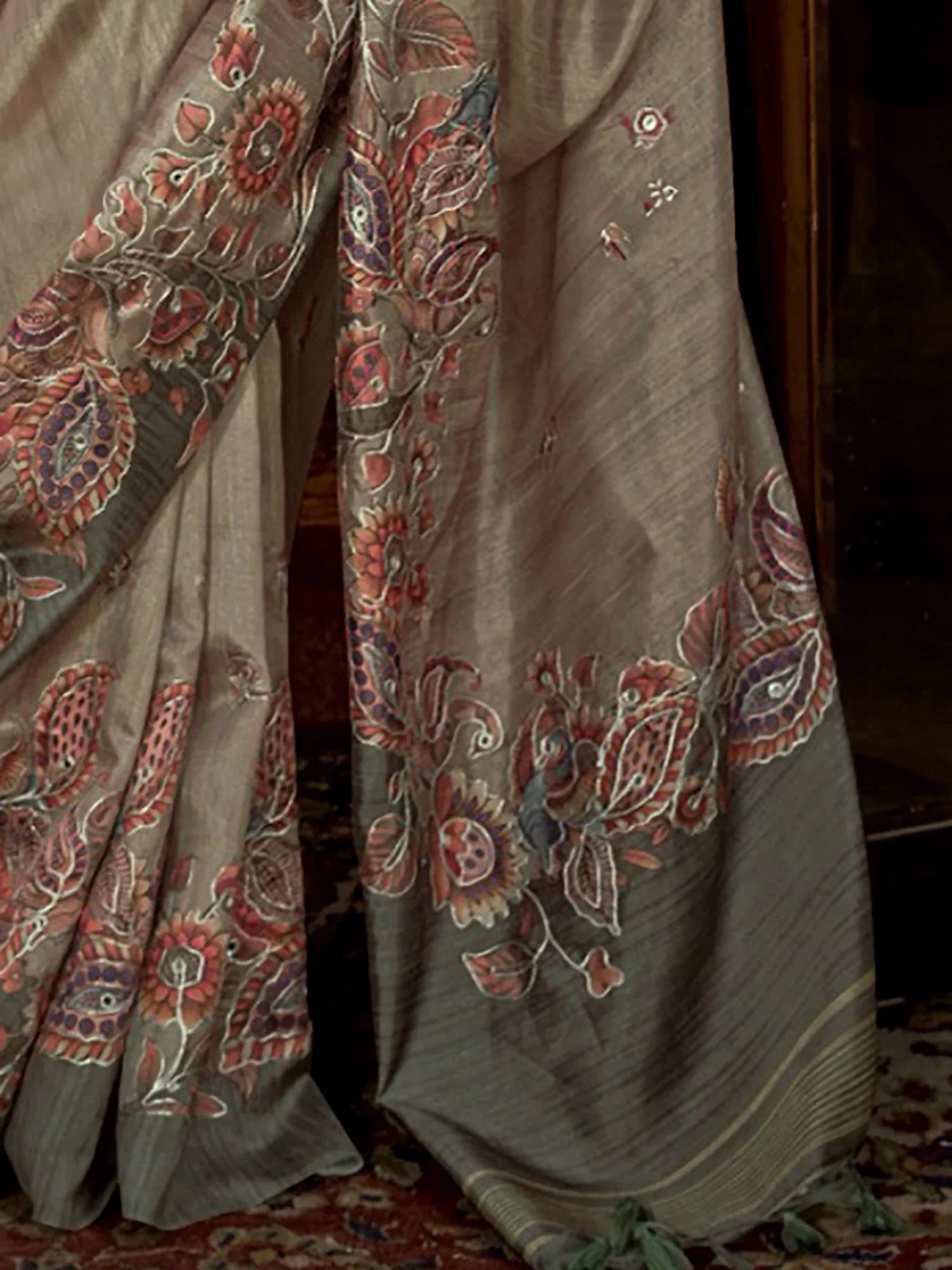 Stunning Green Hand Work Tussar Silk Mehendi Wear Saree With Blouse
