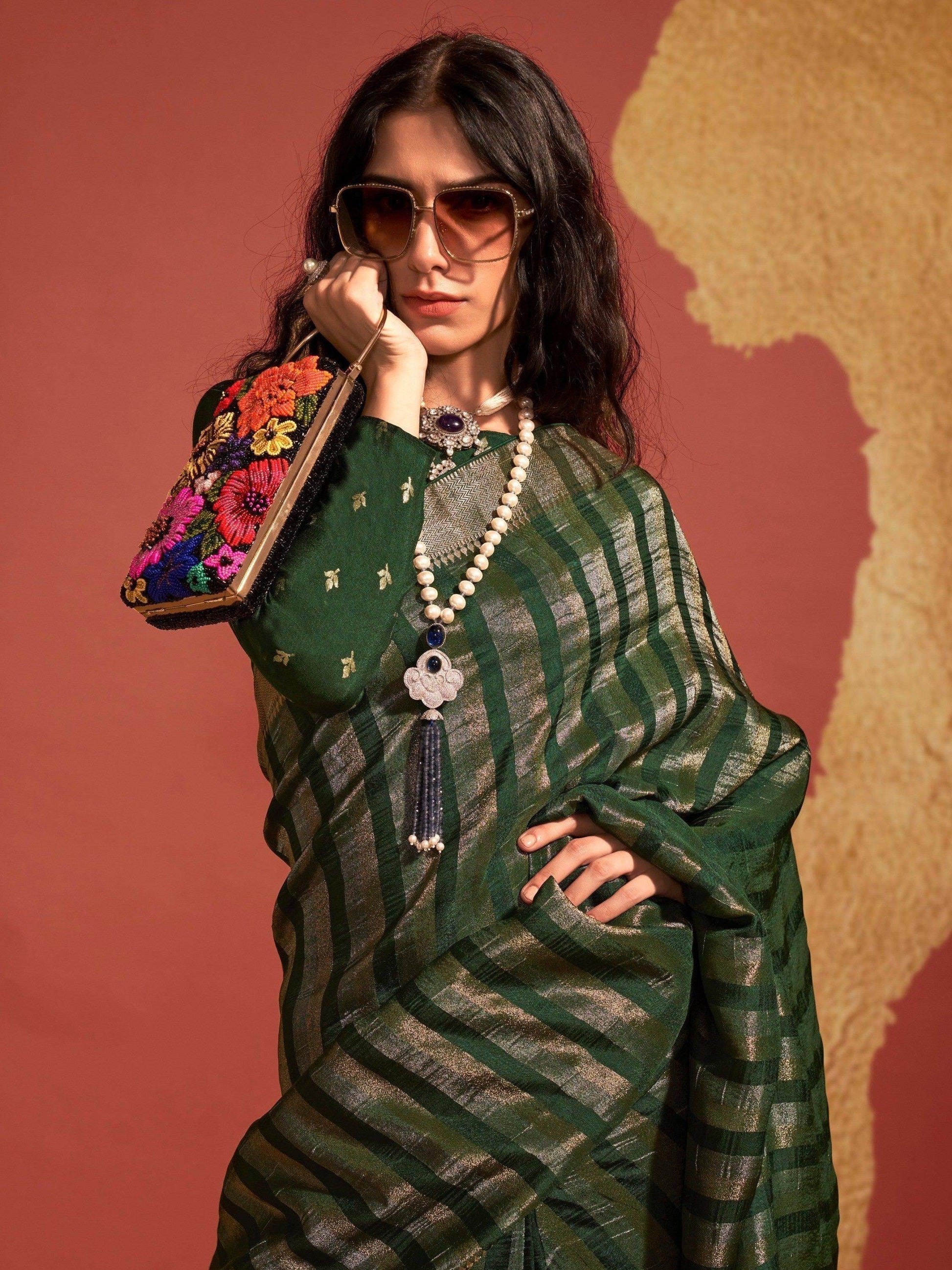 Stunning Green Handloom Weaving Viscose Saree With Blouse - Zeel Clothing