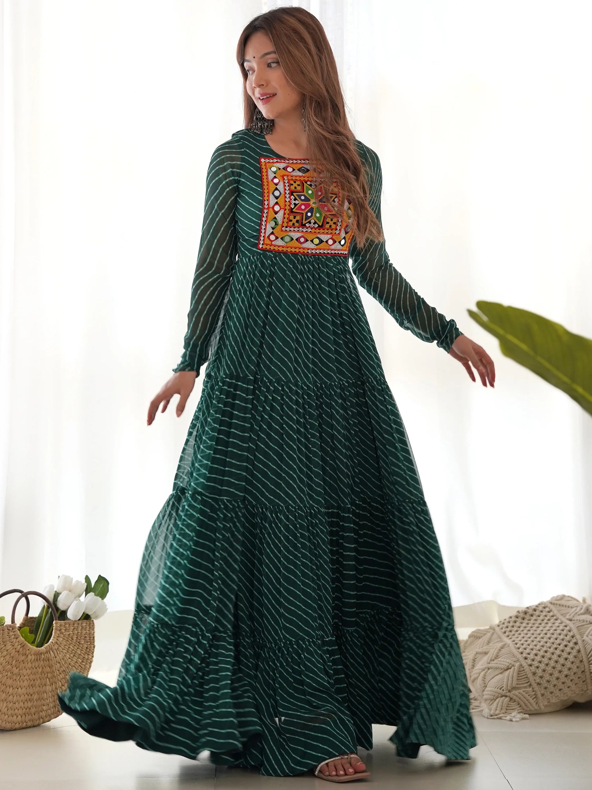 Stunning Green Laheriya Printed Georgette Navratri Wear Gown - Zeel Clothing
