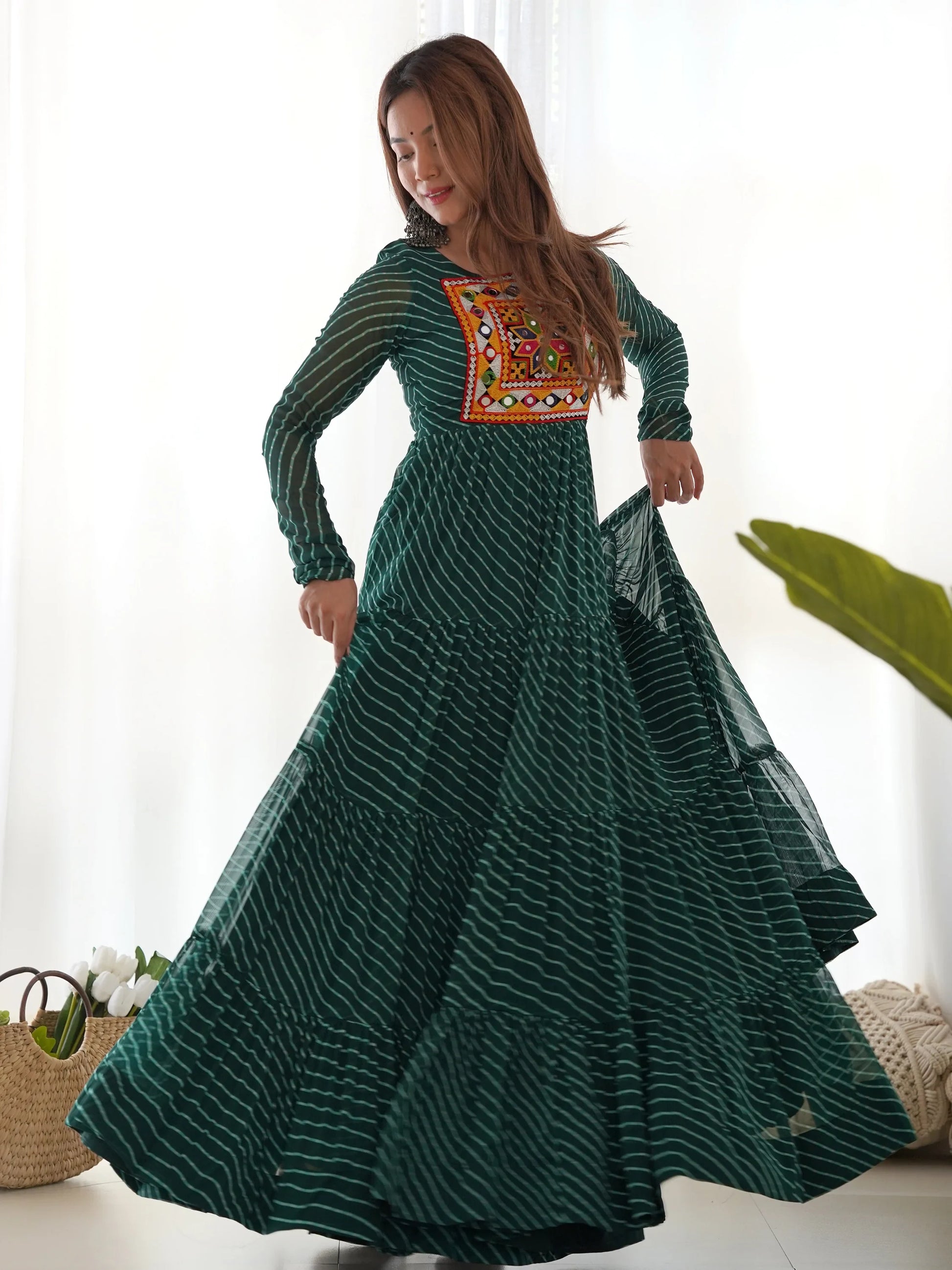 Stunning Green Laheriya Printed Georgette Navratri Wear Gown - Zeel Clothing