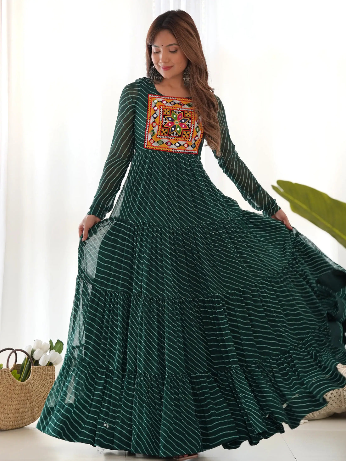 Stunning Green Laheriya Printed Georgette Navratri Wear Gown - Zeel Clothing
