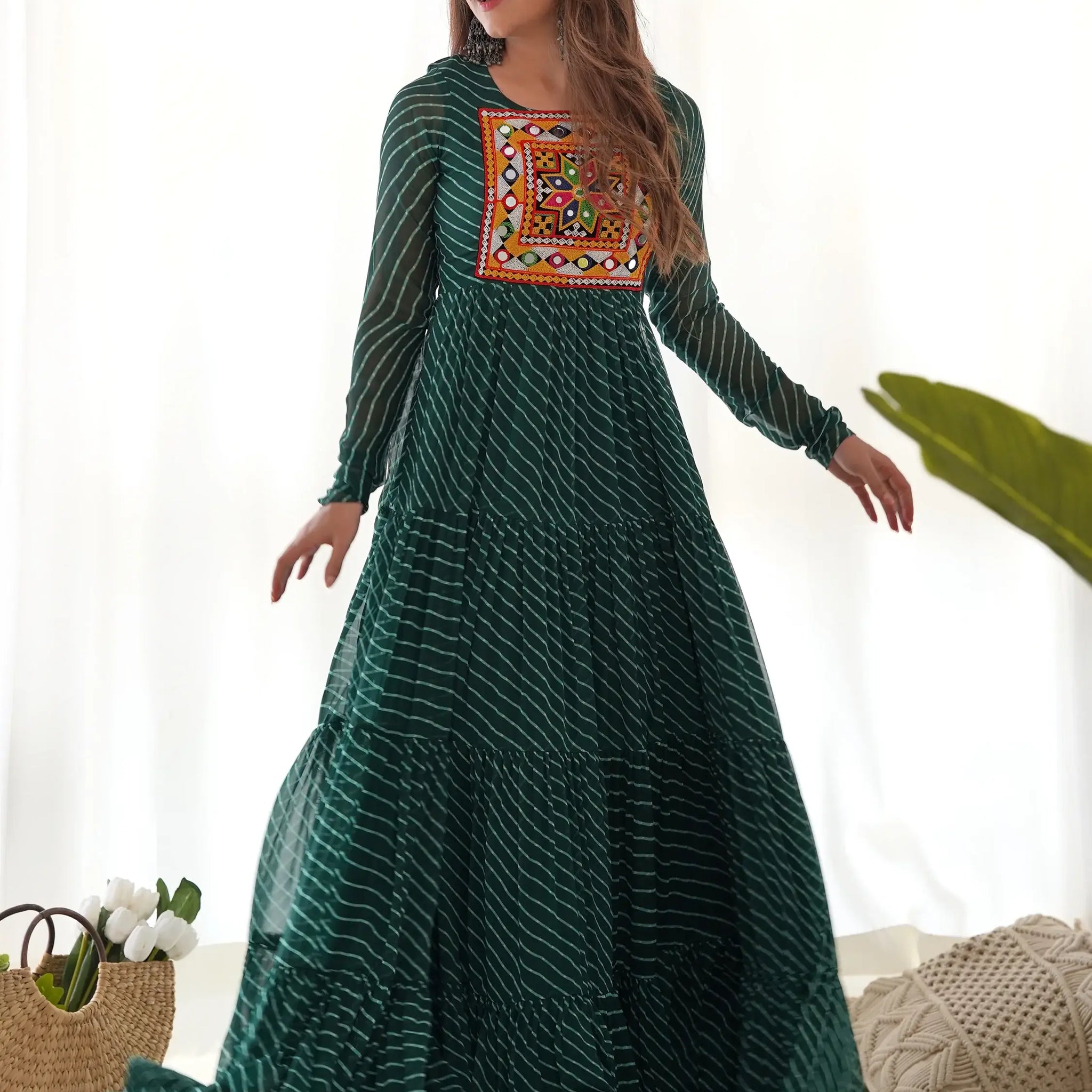 Stunning Green Laheriya Printed Georgette Navratri Wear Gown - Zeel Clothing