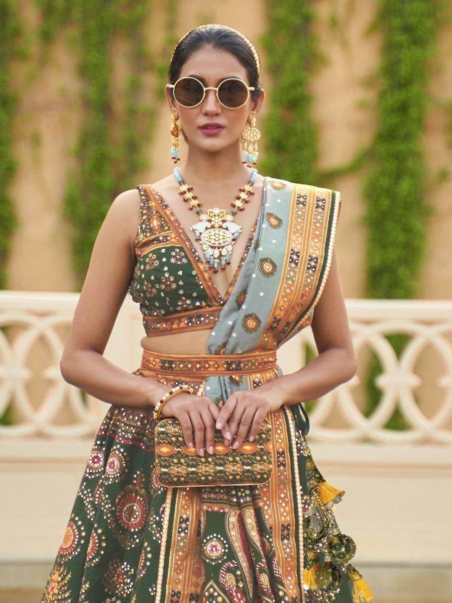 Stunning Green Mirror Work Rajwadi Silk Mehendi Wear Lehenga Choli - Zeel Clothing