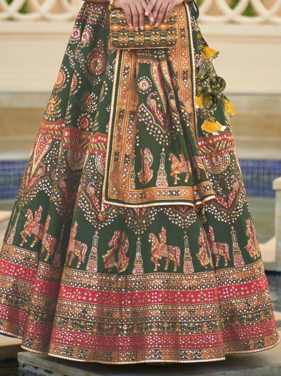 Stunning Green Mirror Work Rajwadi Silk Mehendi Wear Lehenga Choli - Zeel Clothing