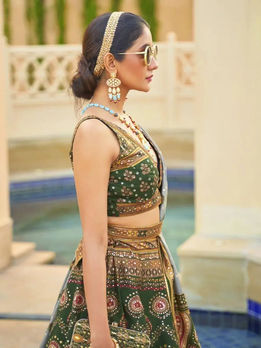 Stunning Green Mirror Work Rajwadi Silk Mehendi Wear Lehenga Choli - Zeel Clothing