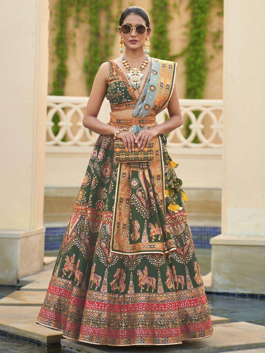 Stunning Green Mirror Work Rajwadi Silk Mehendi Wear Lehenga Choli - Zeel Clothing