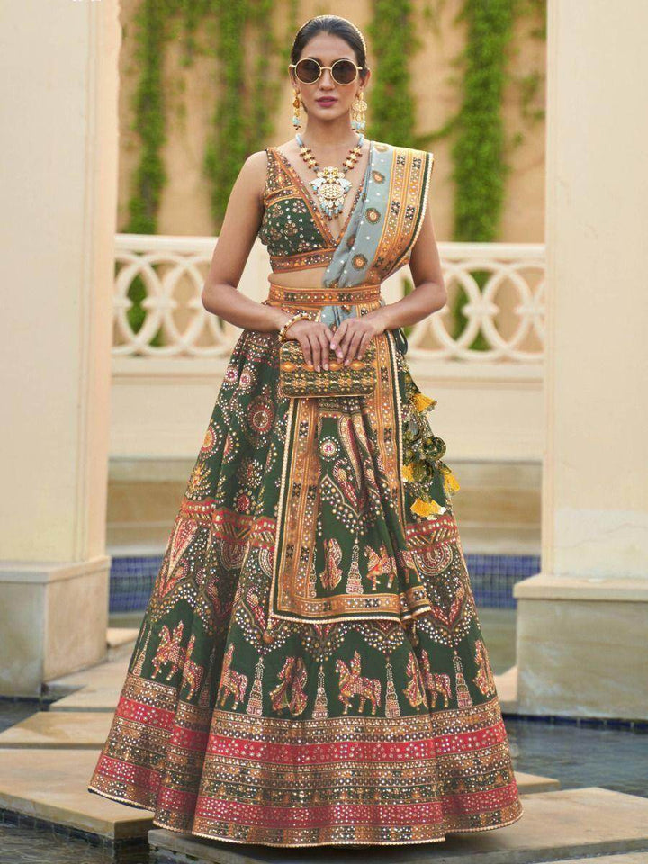Stunning Green Mirror Work Rajwadi Silk Mehendi Wear Lehenga Choli - Zeel Clothing