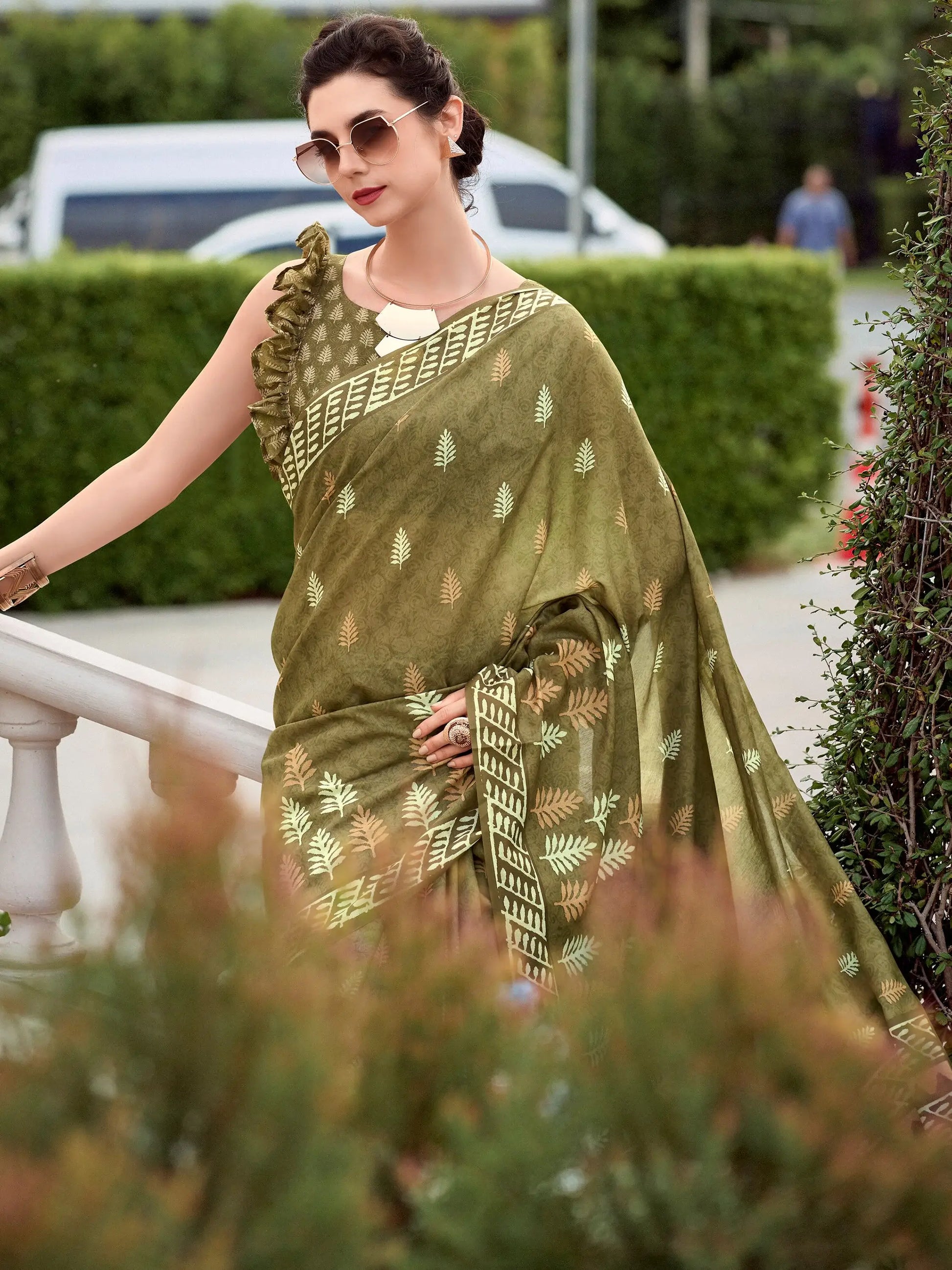 Stunning Green Printed Silk Festival Wear Saree With Blouse - Zeel Clothing