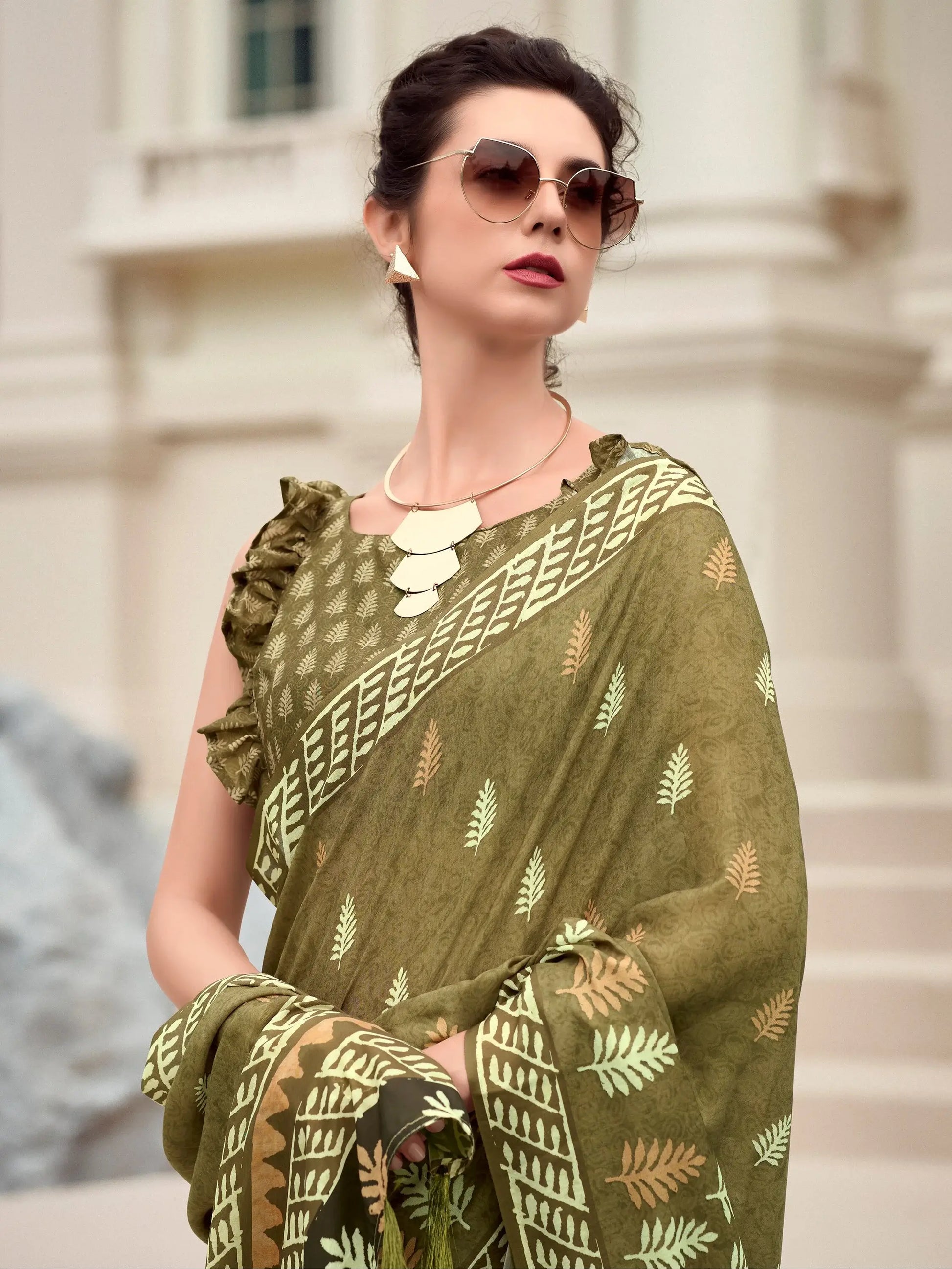 Stunning Green Printed Silk Festival Wear Saree With Blouse - Zeel Clothing