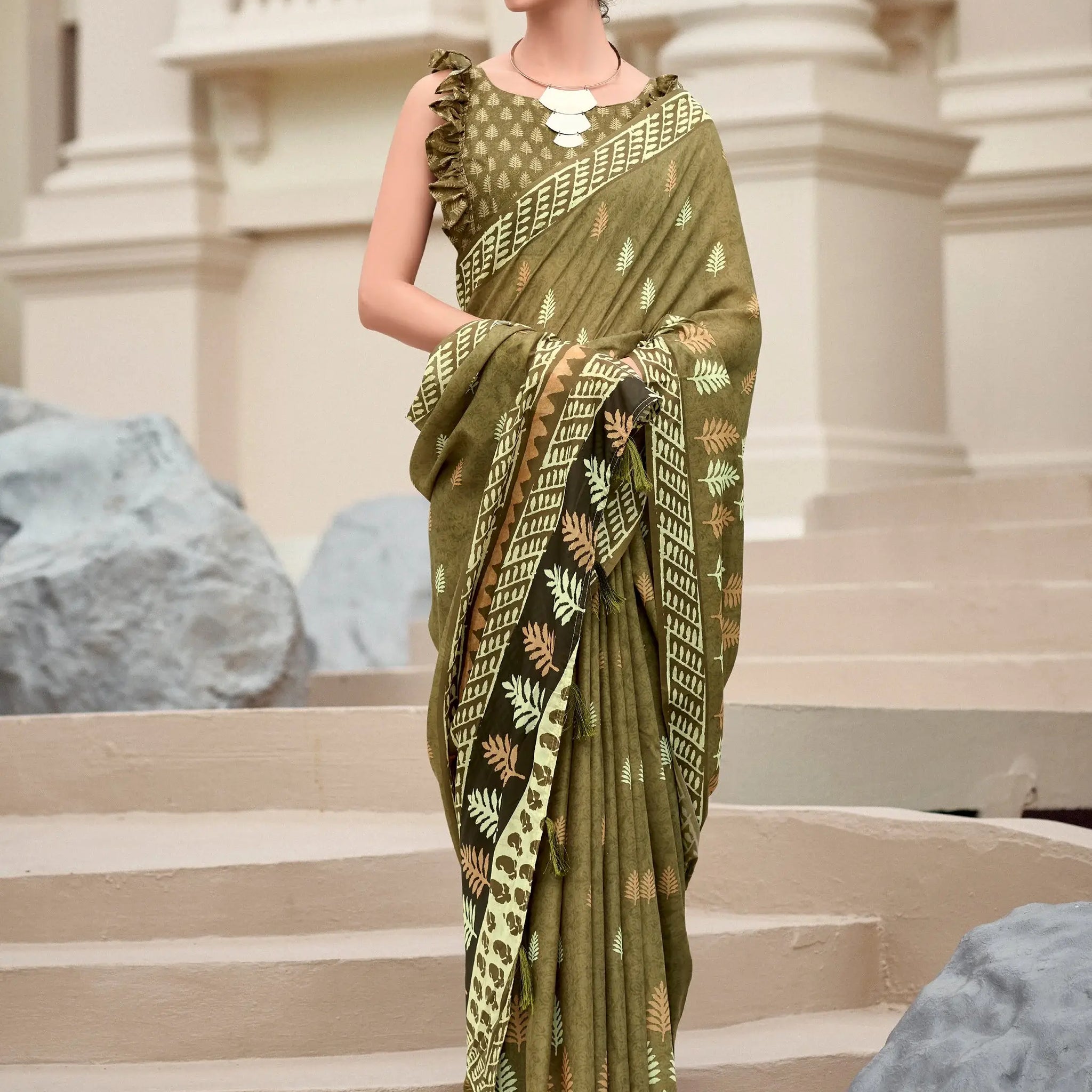 Stunning Green Printed Silk Festival Wear Saree With Blouse - Zeel Clothing