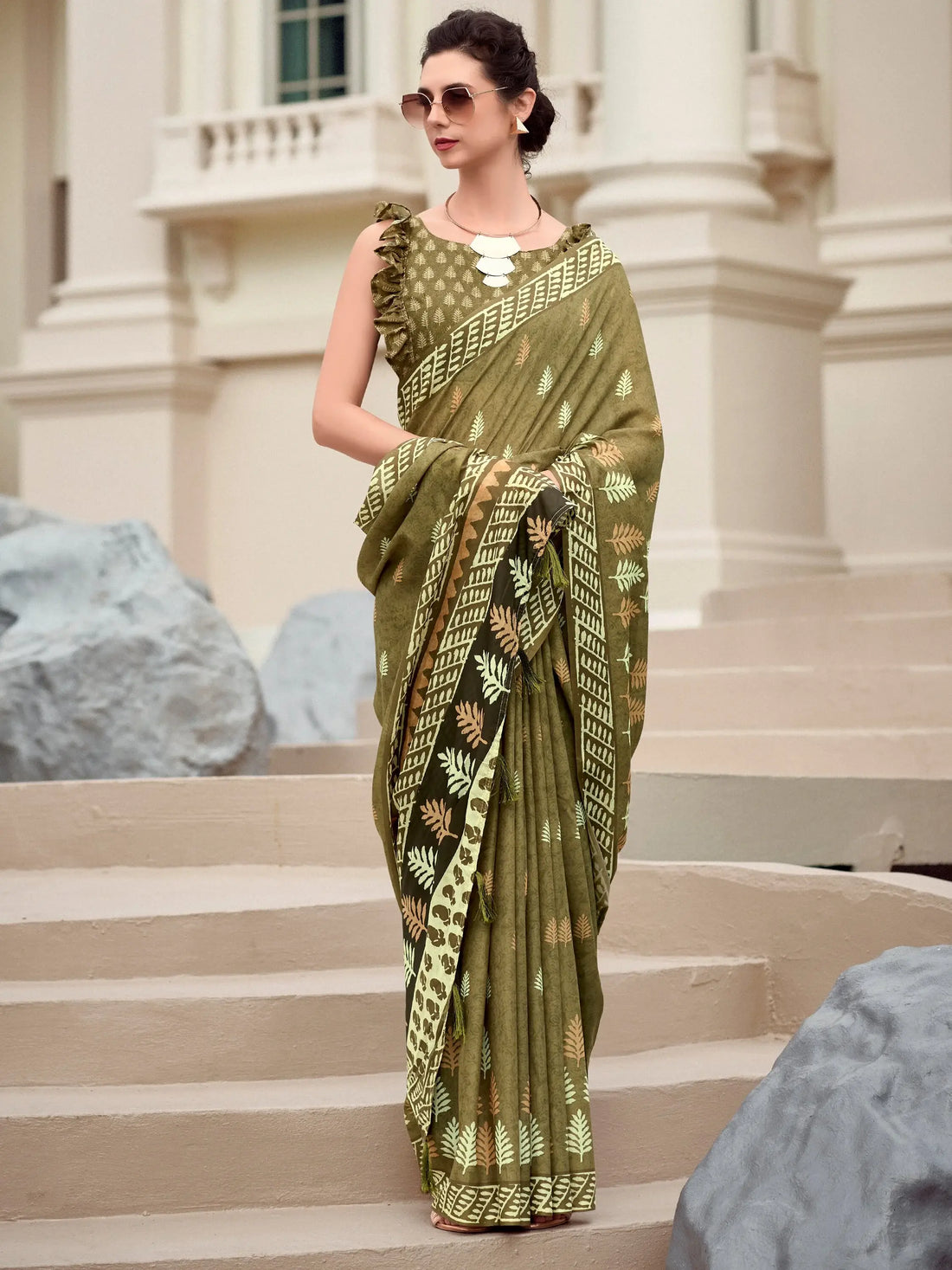 Stunning Green Printed Silk Festival Wear Saree With Blouse - Zeel Clothing