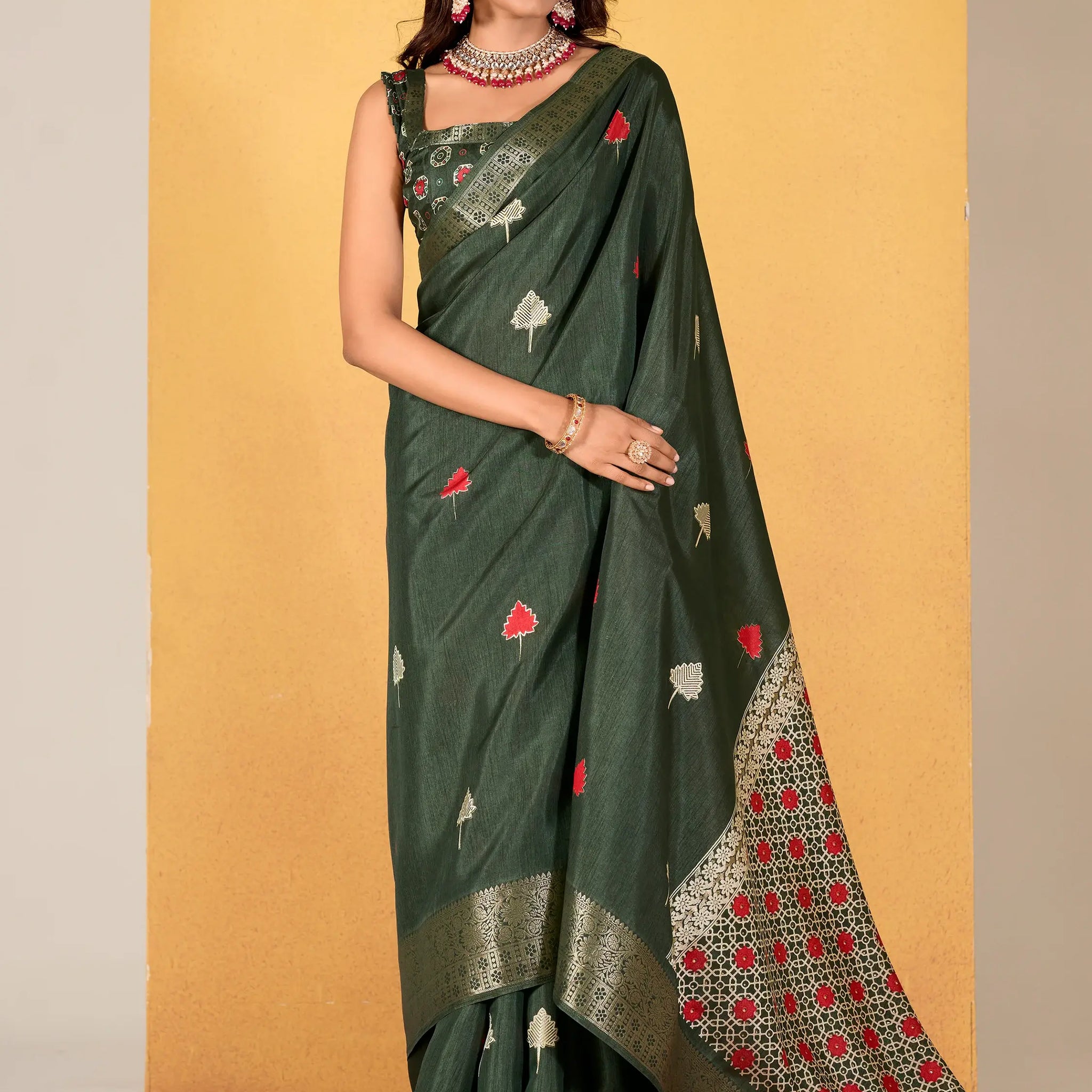 Stunning Green Printed Silk Mehendi Wear Saree With Blouse - Zeel Clothing