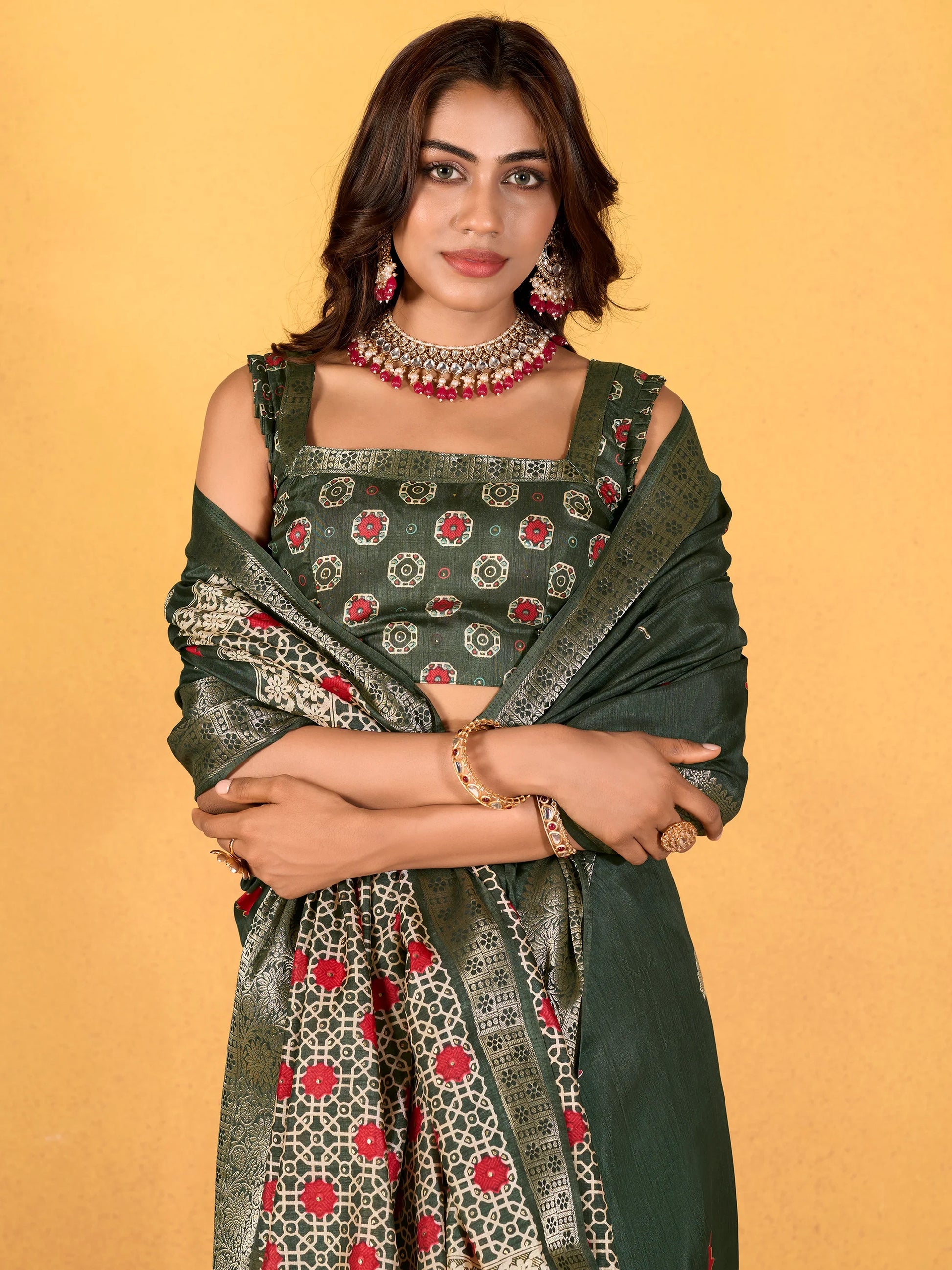 Stunning Green Printed Silk Mehendi Wear Saree With Blouse - Zeel Clothing