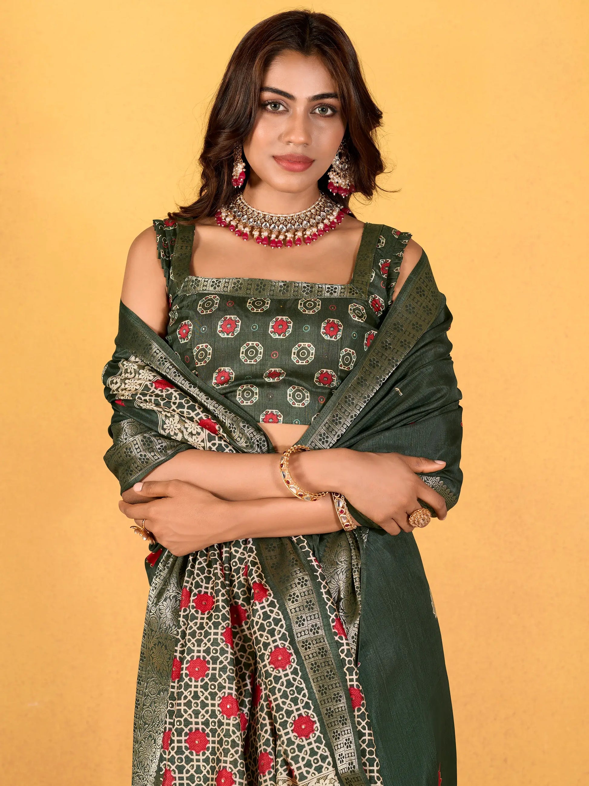 Stunning Green Printed Silk Mehendi Wear Saree With Blouse - Zeel Clothing