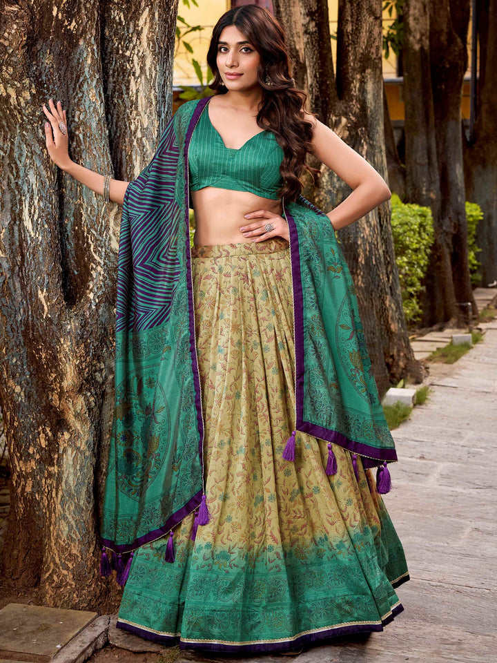 Stunning Green Printed Silk Traditional Wear Lehenga With Dupatta