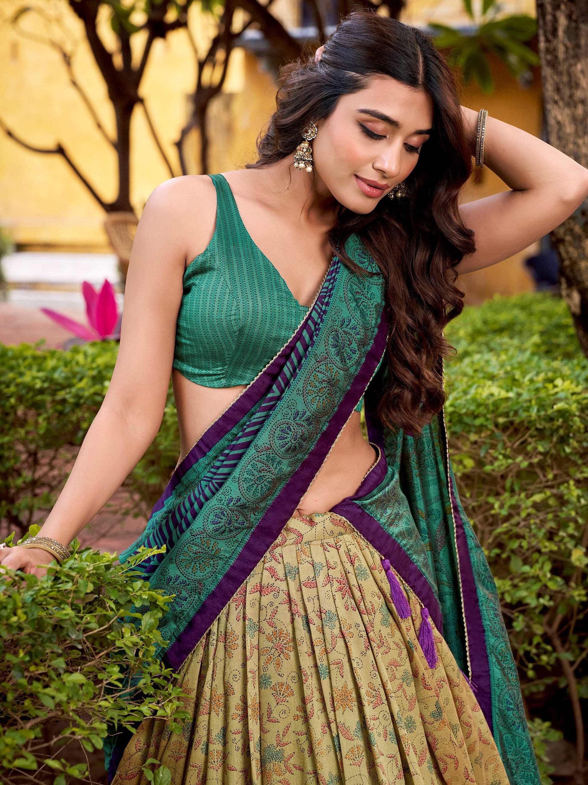 Stunning Green Printed Silk Traditional Wear Lehenga With Dupatta