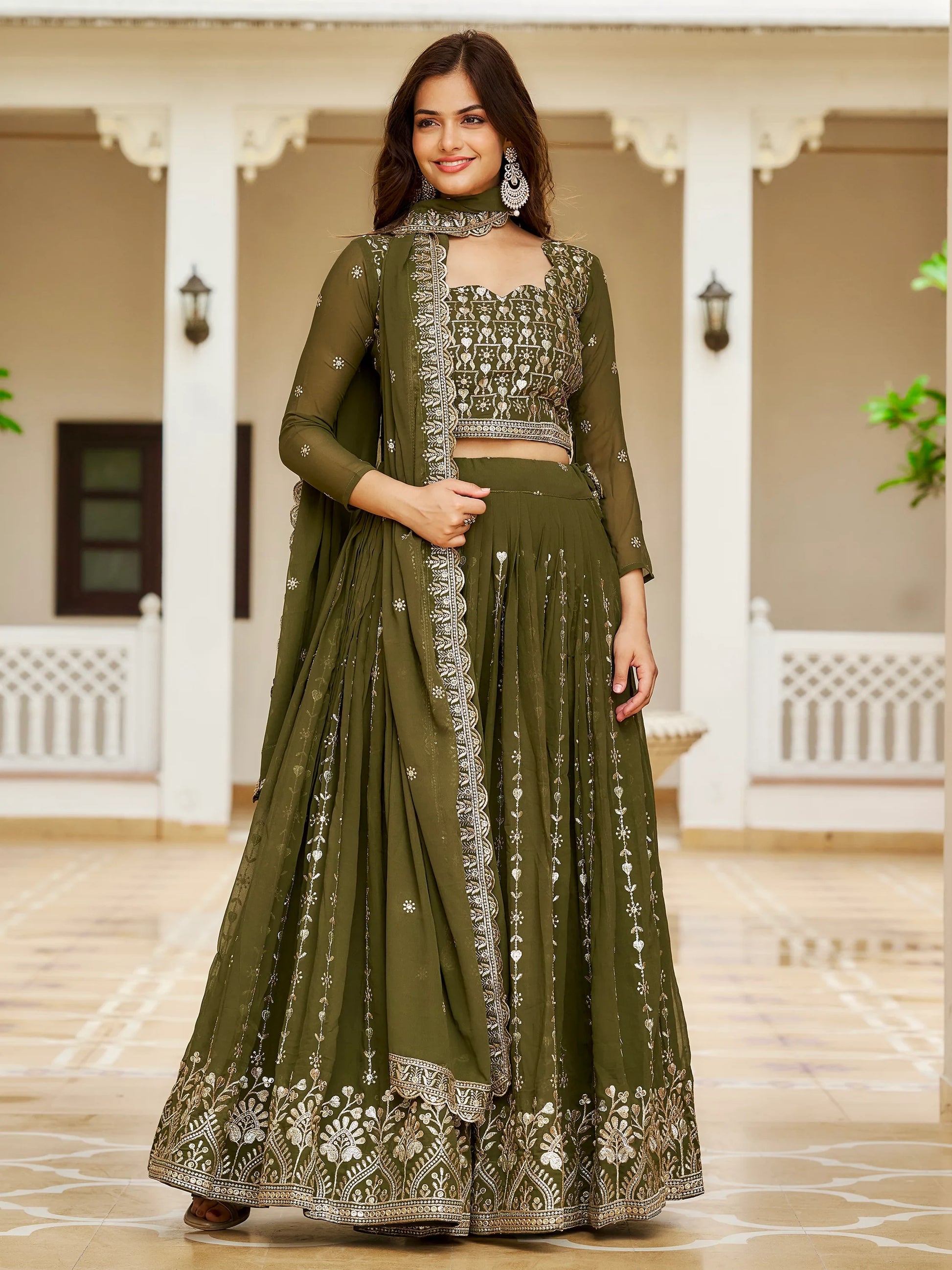 Stunning Green Sequins Georgette Mehendi Wear Lehenga Choli - Zeel Clothing