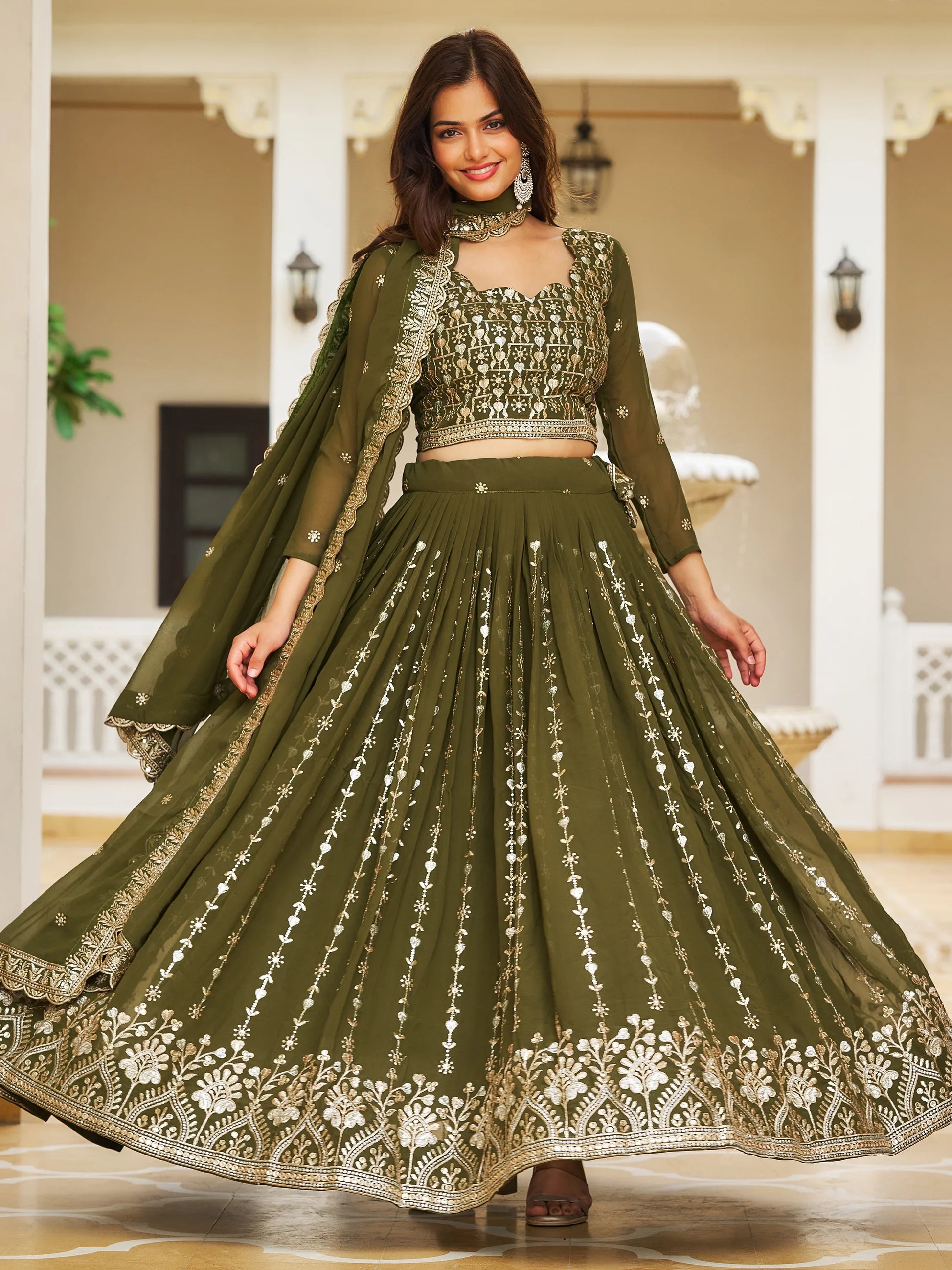 Stunning Green Sequins Georgette Mehendi Wear Lehenga Choli - Zeel Clothing