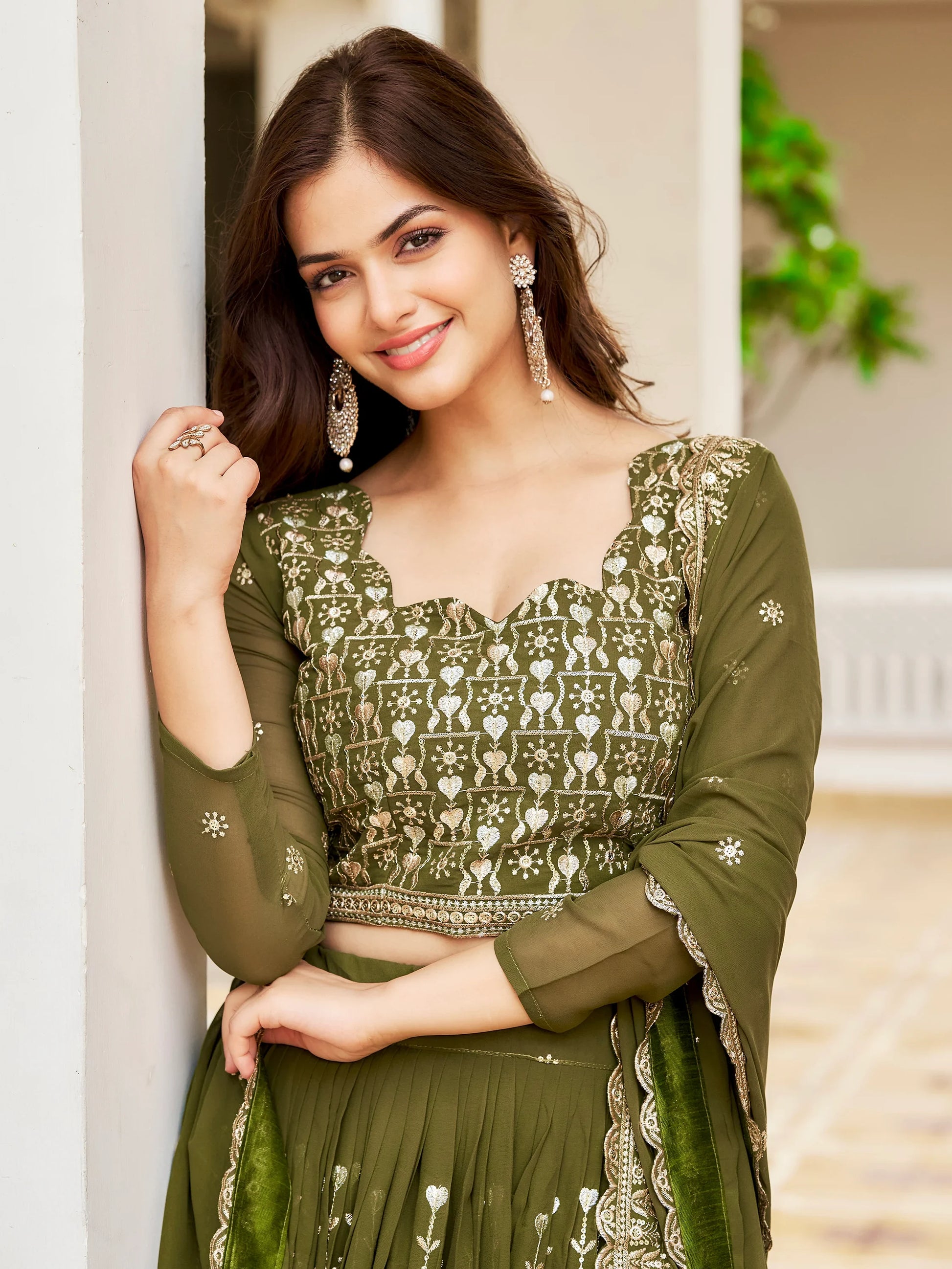 Stunning Green Sequins Georgette Mehendi Wear Lehenga Choli - Zeel Clothing