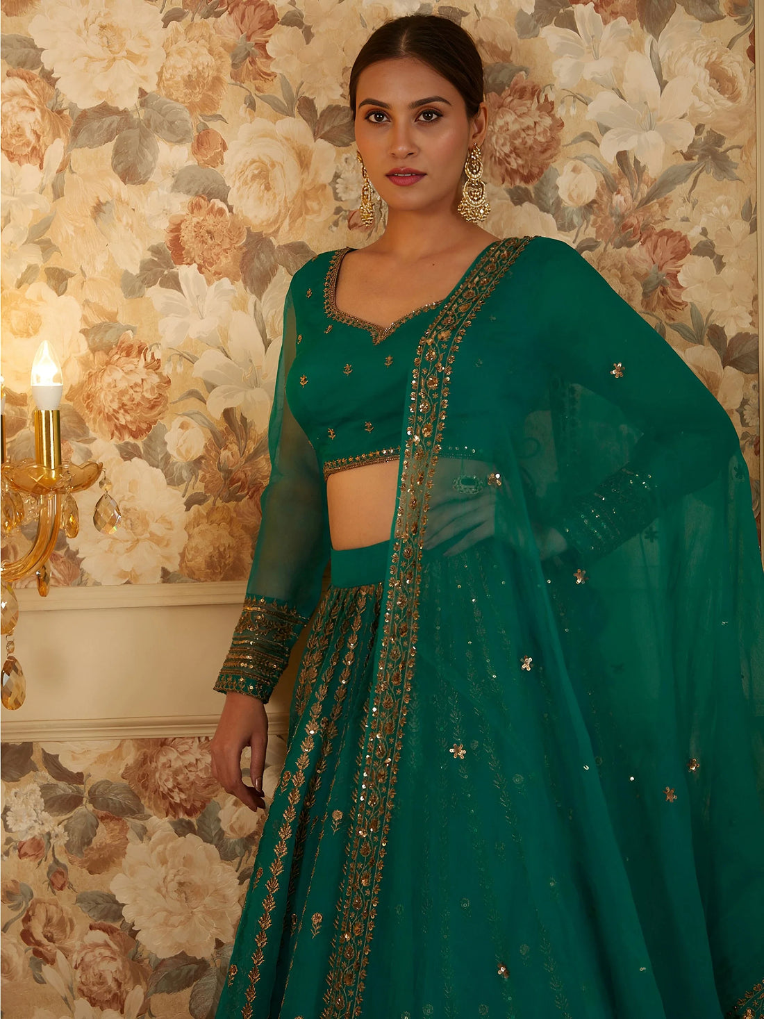 Stunning Green Sequins Work Organza Festive Wear Lehenga Choli