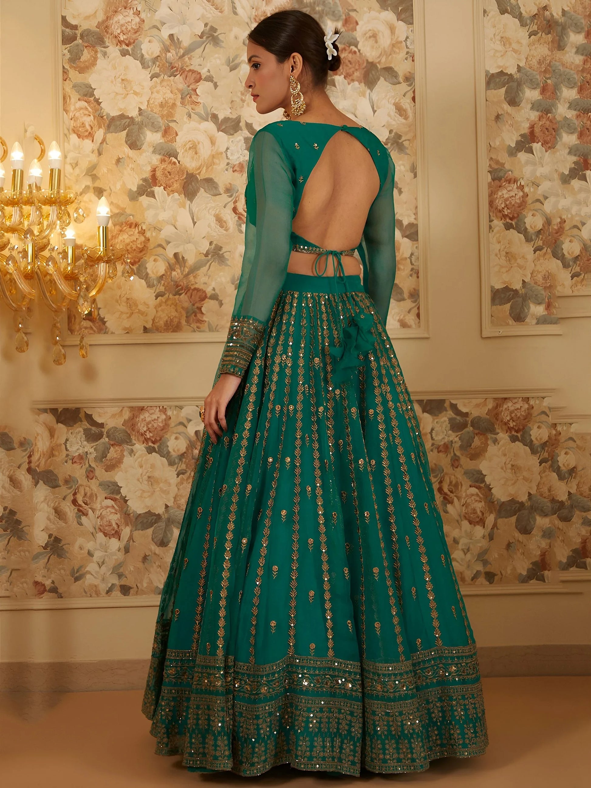 Stunning Green Sequins Work Organza Festive Wear Lehenga Choli
