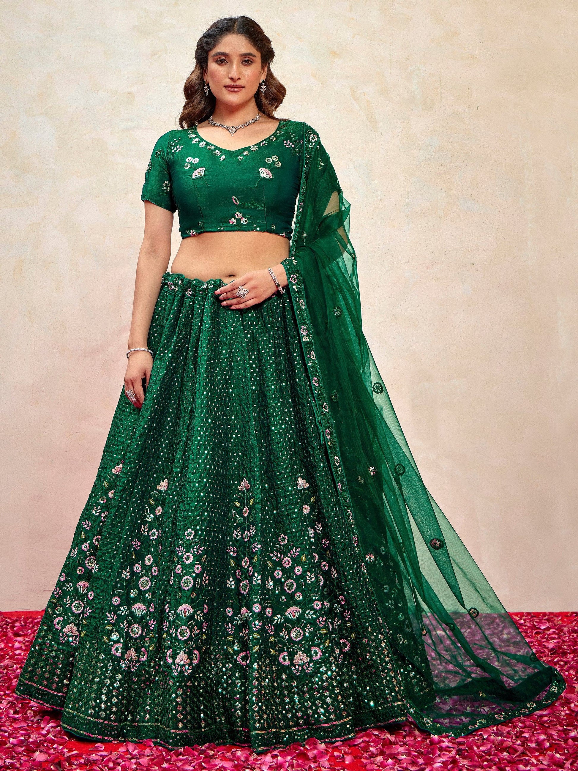 Stunning Green Thread Embroidered Net Mehendi Wear Lehenga Choli With Dupatta - Zeel Clothing