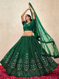 Stunning Green Thread Embroidered Net Mehendi Wear Lehenga Choli With Dupatta - Zeel Clothing