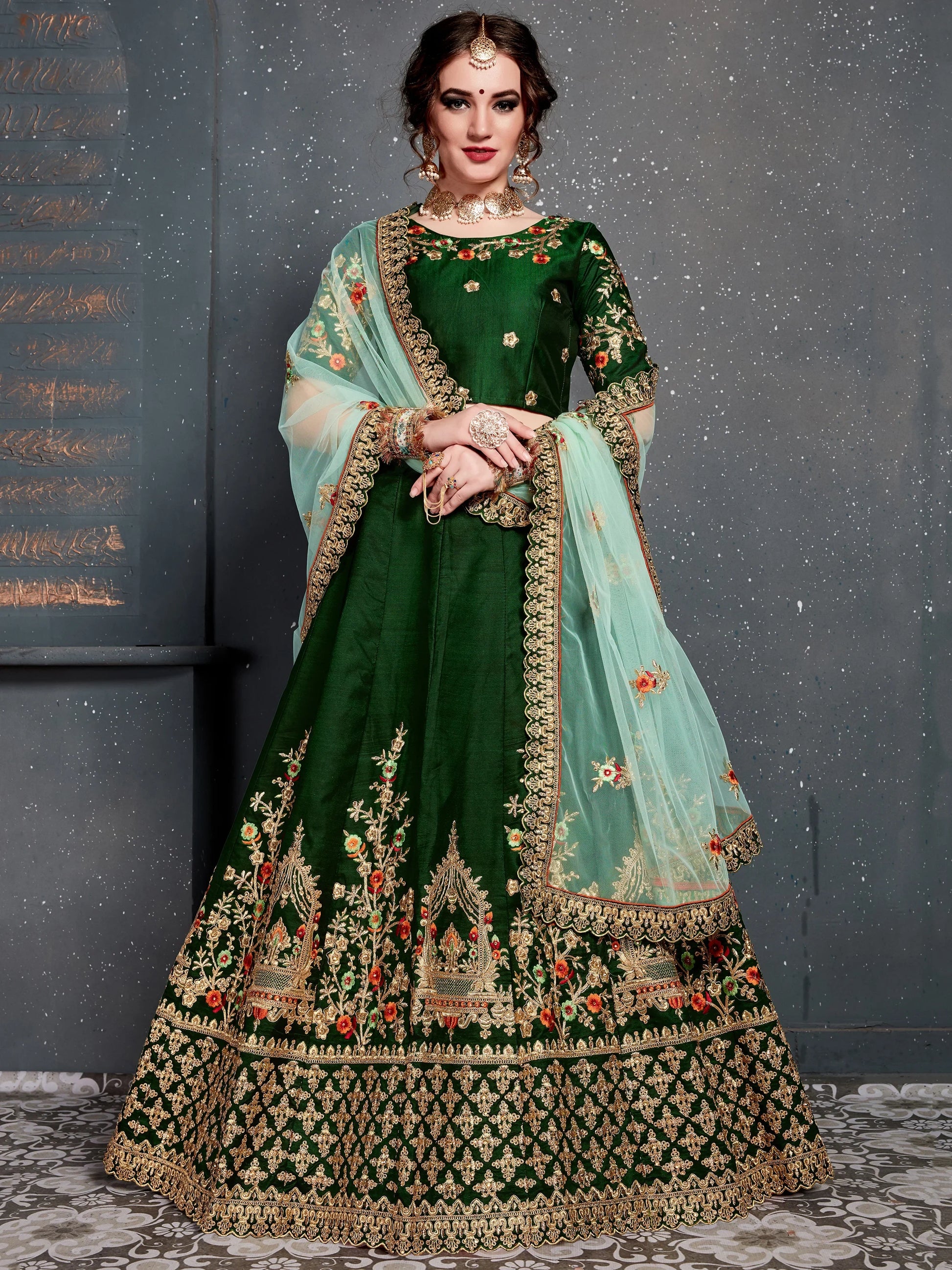 Stunning Green Zari Embroidered Silk Lehenga Choli With Dupatta - Zeel Clothing
