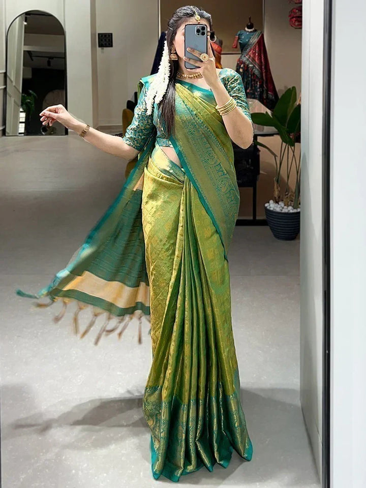 Stunning Green Zari Weaving Kanjivaram Traditional Saree With Blouse