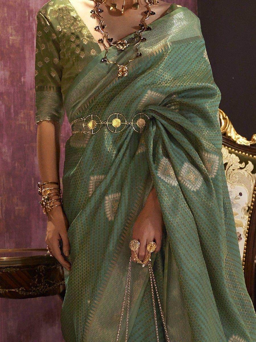 Stunning Green Zari Work Krimica Silk Classic Saree With Blouse - Zeel Clothing