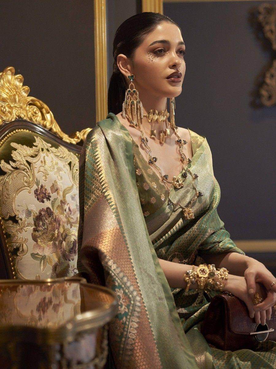 Stunning Green Zari Work Krimica Silk Classic Saree With Blouse - Zeel Clothing