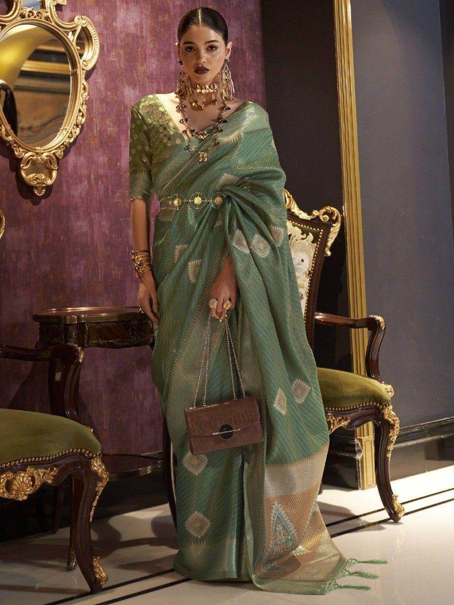 Stunning Green Zari Work Krimica Silk Classic Saree With Blouse - Zeel Clothing