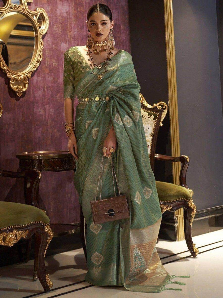 Stunning Green Zari Work Krimica Silk Classic Saree With Blouse - Zeel Clothing