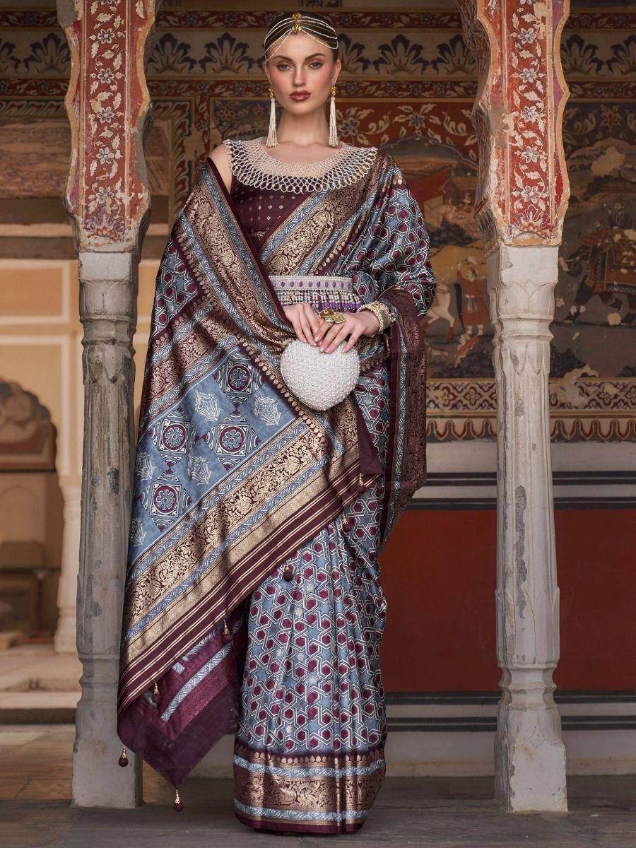 Stunning Grey Digital Print Silk Event Wear Saree With Blouse - Zeel Clothing