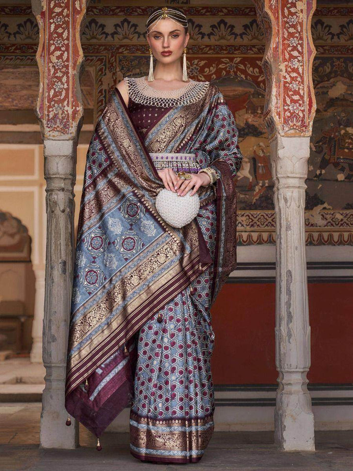 Stunning Grey Digital Print Silk Event Wear Saree With Blouse - Zeel Clothing