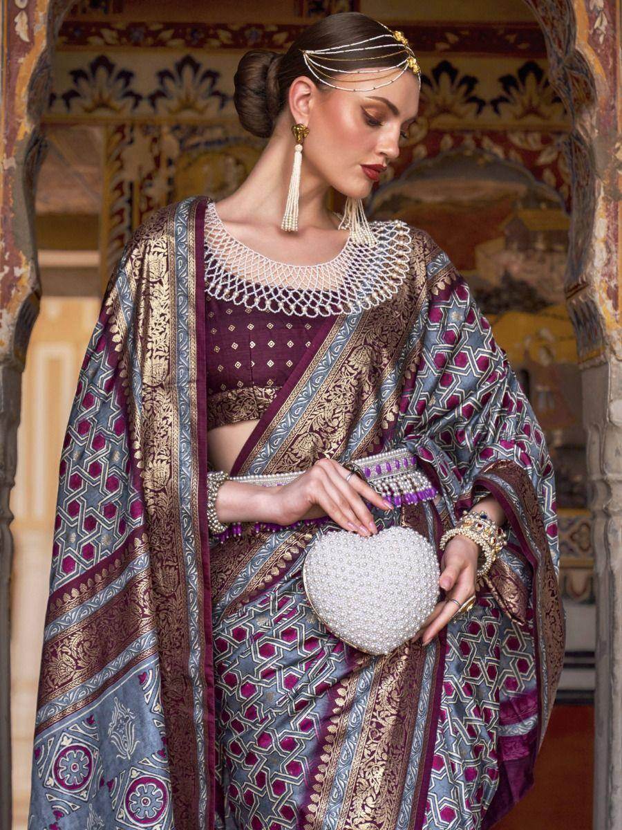Stunning Grey Digital Print Silk Event Wear Saree With Blouse - Zeel Clothing