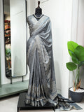 Stunning Grey Digital Printed Handloom Kotha Border Saree With Blouse - Zeel Clothing