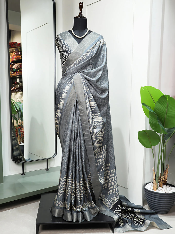 Stunning Grey Digital Printed Handloom Kotha Border Saree With Blouse - Zeel Clothing