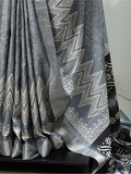 Stunning Grey Digital Printed Handloom Kotha Border Saree With Blouse - Zeel Clothing