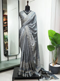 Stunning Grey Digital Printed Handloom Kotha Border Saree With Blouse - Zeel Clothing