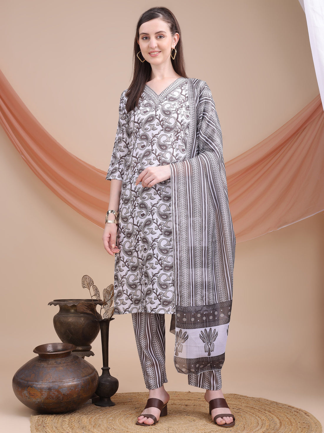 Stunning Grey Printed Cotton Office Wear Pant Suit With Dupatta