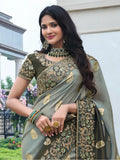 Stunning Grey Zari Weaving Organza Festival Wear Saree With Blouse - Zeel Clothing