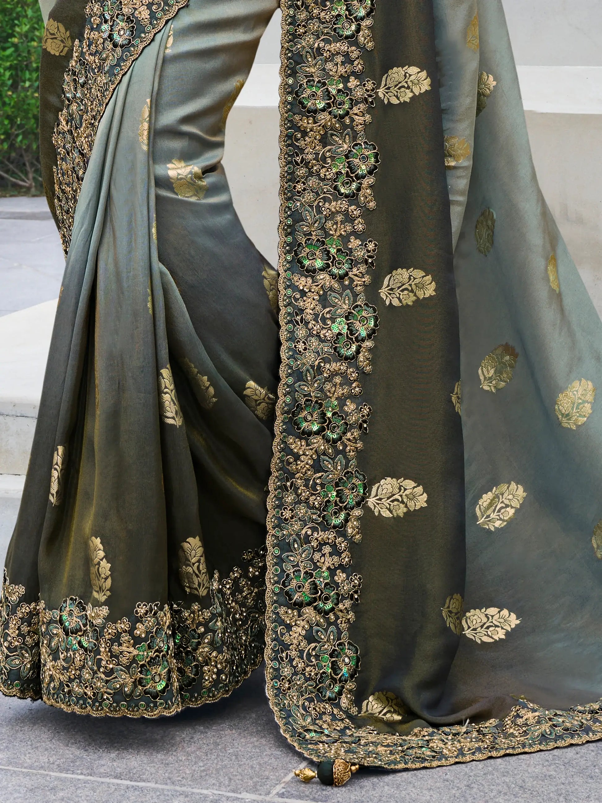 Stunning Grey Zari Weaving Organza Festival Wear Saree With Blouse - Zeel Clothing