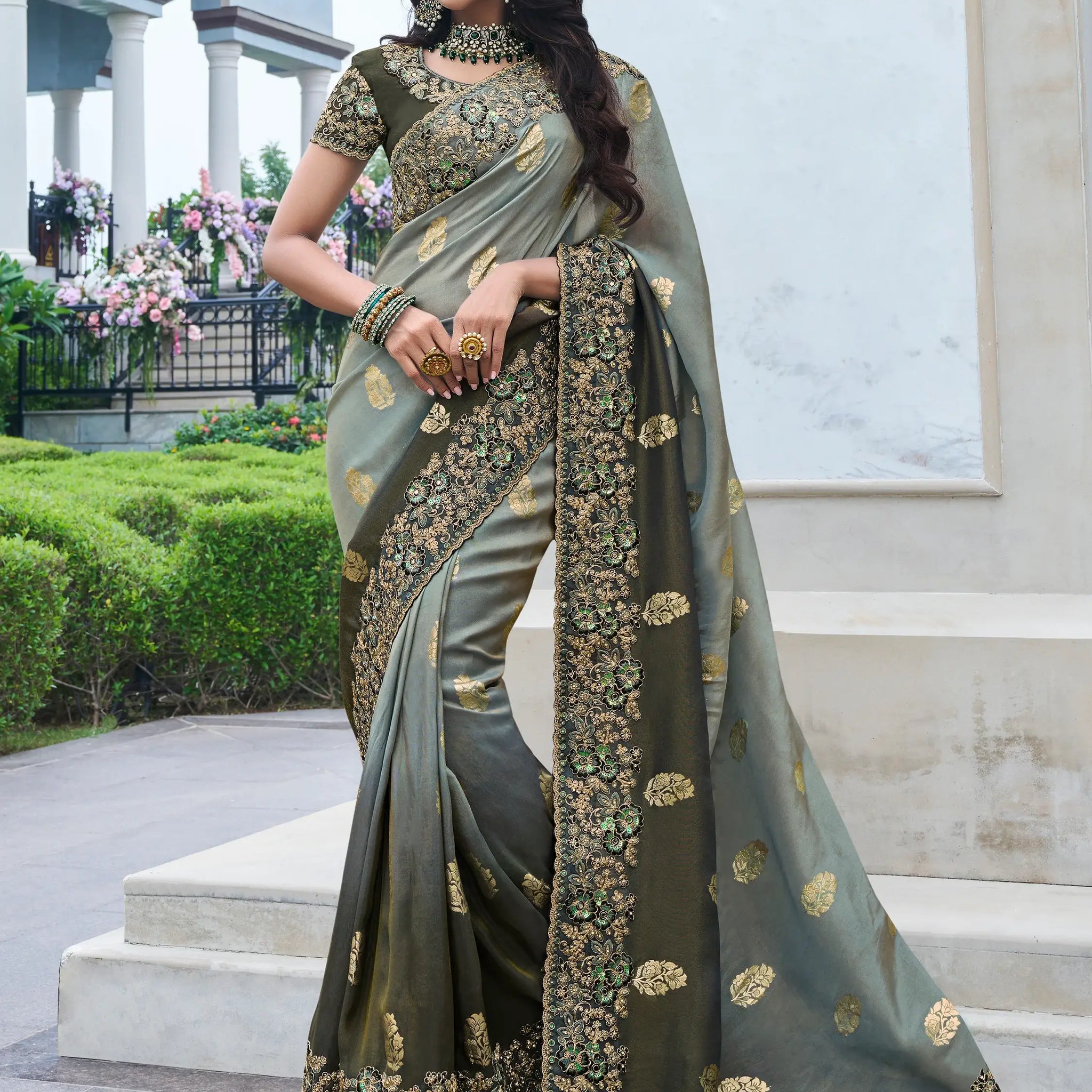 Stunning Grey Zari Weaving Organza Festival Wear Saree With Blouse - Zeel Clothing