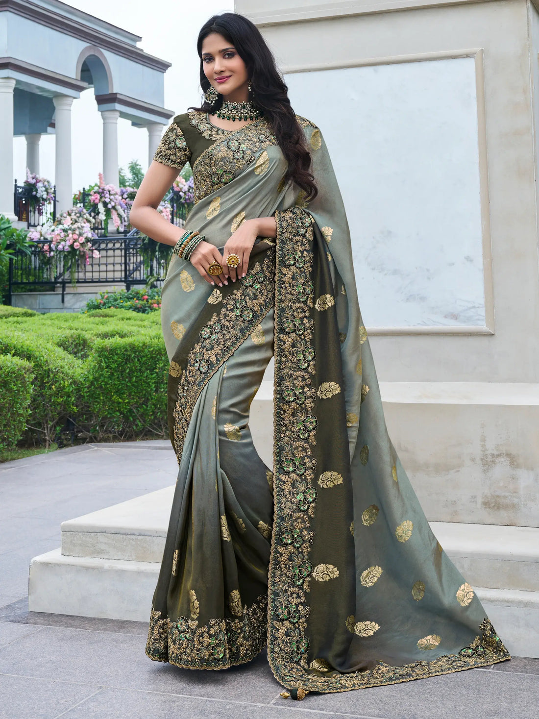 Stunning Grey Zari Weaving Organza Festival Wear Saree With Blouse - Zeel Clothing