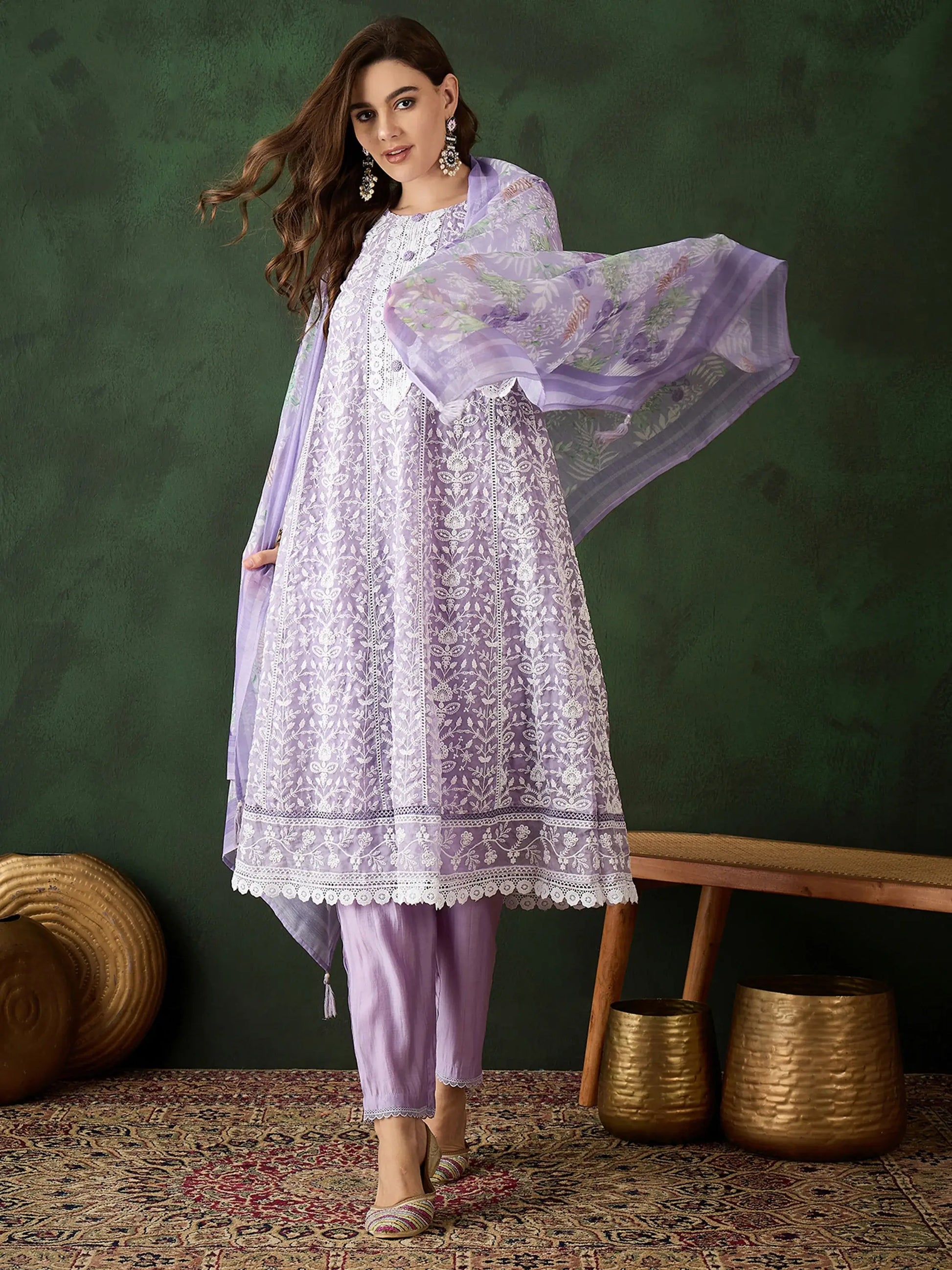Stunning Lavender Embroidered Organza Pant Suit With Dupatta - Zeel Clothing