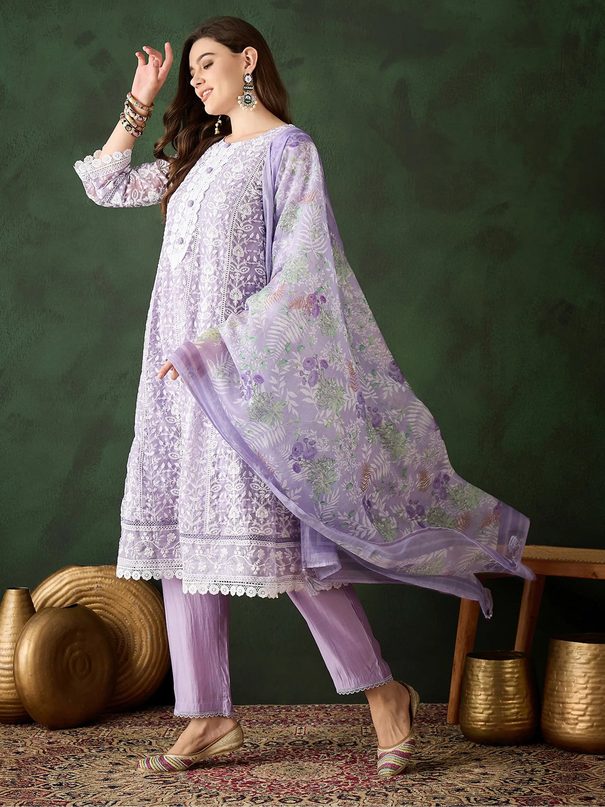 Stunning Lavender Embroidered Organza Pant Suit With Dupatta - Zeel Clothing